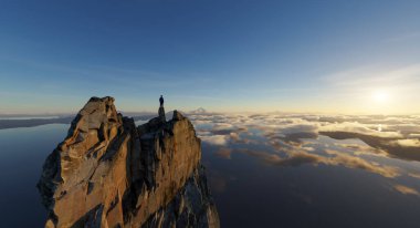 Geniş bulutlara ve dağlara tepeden bakan yalnız bir figür..
