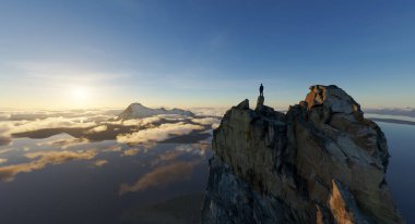 Bir uçurumun kenarında duran, bulutların üzerinde güneşin doğuşuna bakan bir insanın silueti..