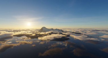 Huzurlu bir gün doğumu, bulutların arasından canlı bir manzarayla yükselen bir dağ zirvesi.