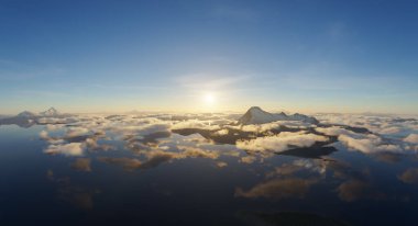Dağ silsilesi üzerinde sakin bir gün doğumu ve bulutlar, 3 boyutlu görüntüleme yoluyla yaratıldı..