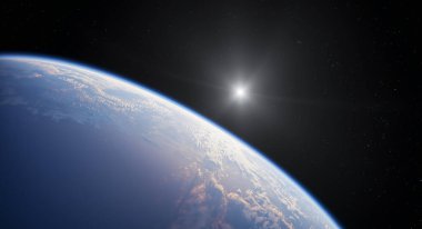 Dünya 'nın eğrisinin çarpıcı tasviri, parlayan güneş ışığı, ve yıldızlı gökyüzü 3D görüntüsü.