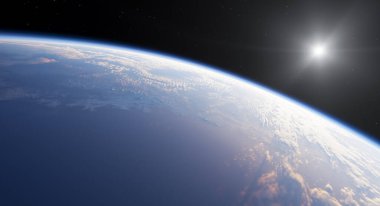 Dünya 'nın dış uzaydan görünüşü ufukta üç boyutlu bir görüntüde gün doğumunu gösteriyor..