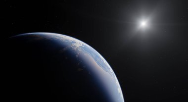 Güneş tarafından aydınlatılan dış uzayda Dünya, detaylı bir 3D görüntüleme