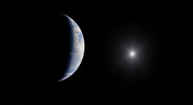 Dünya, kozmik elementlerle donatılmış 3 boyutlu bir şekilde güneş ışığıyla kısmen aydınlatılıyor..