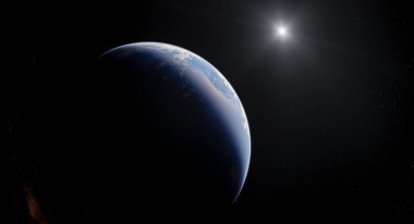 Dünya ve Güneş son derece detaylı üç boyutlu bir şekilde tasvir edilmiş, uzay elementlerini sergiliyor..