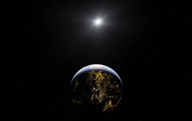 Dünya 'nın uzaydan görünüşü güneş ışığıyla aydınlatılmış, gerçekçi 3D görüntüleme ile yaratılmış..