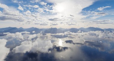 Bulutlar, yansımalar ve 3 boyutlu sakin atmosferle çarpıcı bir dağ manzarası..