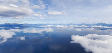 Suyu yansıtan bulutlarla dolu 3 boyutlu bir dağ manzarası.