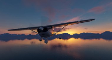 Gün batımında gölün üzerinde uçan bir uçağın 3D görüntüsü..