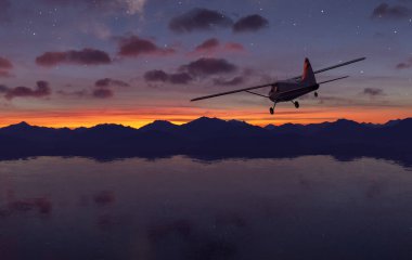 Gün batımının manzaralı arka planında süzülen uçak. Dağlar ve göl üç boyutlu..
