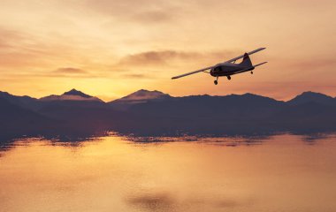 Sakin bir günbatımında, dağların üzerinde süzülen bir uçağın 3 boyutlu görüntüsü.