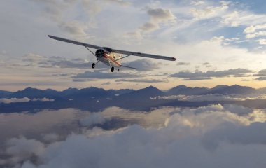 Bulutların arasında uçan küçük bir uçağın güzel dağlık arazide üç boyutlu görüntüsü..