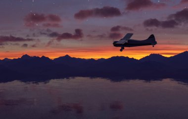 Gün batımında manzaralı dağların üzerinde uçan uçaklar 3 boyutlu sakin bir manzaraya sahiptir..