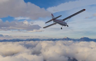 Hafif uçaklar beyaz bulutların üzerinde süzülüyor. Dağların zirveleri 3 boyutlu..