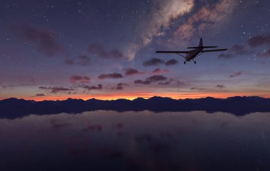 Alacakaranlık saatlerinde sakin bir göl üzerinde uçan bir uçağın 3D görüntüsü.