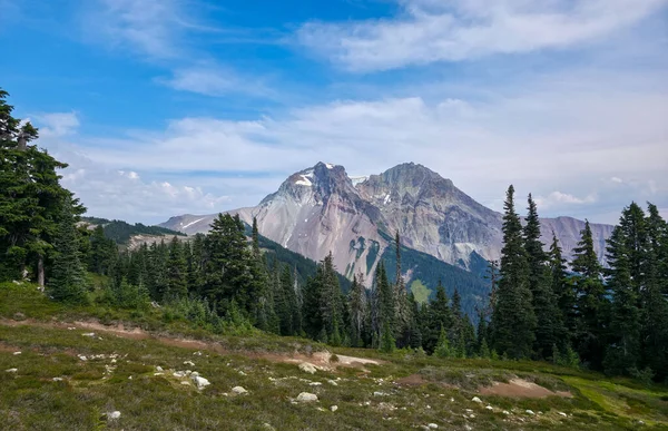 Görkemli dağ manzarası MÖ Squamish 'te canlı bir gökyüzünün altında yeşil ağaçlarla çevrili..