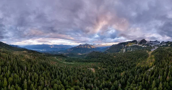 Kanada, Britanya Kolumbiyası 'ndaki dramatik dağ vadisi manzarası, her zaman yeşil olan ormanlar ve dramatik bir gökyüzü.