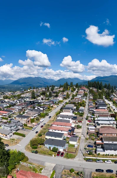 Büyük Vancouver, BC, Kanada 'da, mavi gökyüzünün altında sessiz bir Burnaby yerleşim bölgesinin hava görüntüsü..