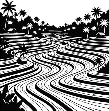 Grafik siyah ve beyaz bali pirinç terasları.