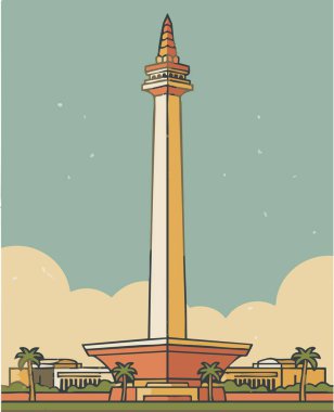 Retro jakarta monas tarihi gezi illüstrasyonu.