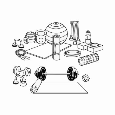 Çeşitli spor salonu ekipmanları sanat eseri..