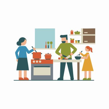 Mutfakta aile yemekleri düz resimleme.