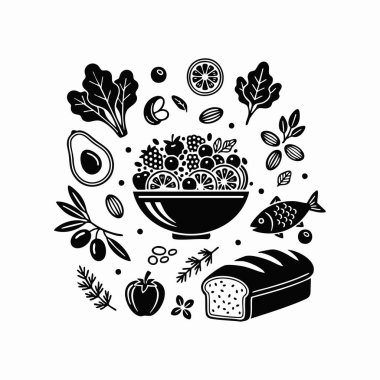 linocut Akdeniz diyeti sağlıklı gıda grafiği.