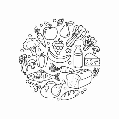 Sağlıklı bakkaliyelerin karalama koleksiyonu.