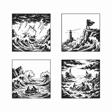 dramatik deniz hayatta kalma hikayesi çizimleri.