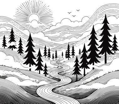 Oymalı dağ gündoğumu kıvrımlı nehrin üzerinde.