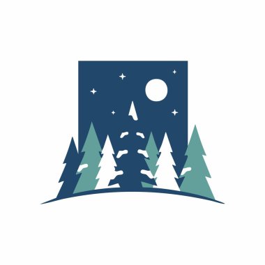 Yıldızlı kış gecesi orman grafik amblemi.