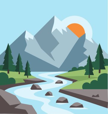 Stilize dağ nehir vadisi manzarası.