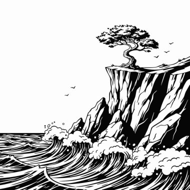 Fırtınalı denize bakan engebeli uçurum ağacı.