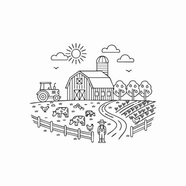 Geleneksel tarım manzarası çizimi.