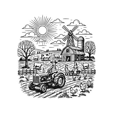 Eski kırsal tarım hasat hattı sanatı.