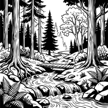 Orman nehri köprüsü siyah beyaz çizimler