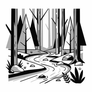 grafik siyah ve beyaz orman nehri