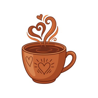 Romantik kahve kupası ve dumanı tüten kalpler.