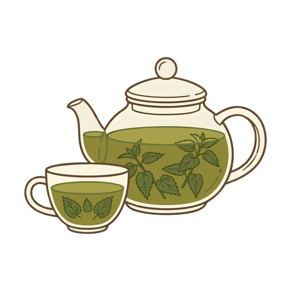 Bitkisel ısırgan otu çayı illüstrasyon çaydanlığı ve fincan