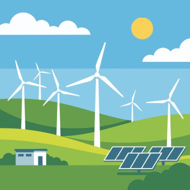 yenilenebilir enerji rüzgarı ve güneş çiftliği illüstrasyonu