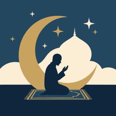 Müslüman dua silueti Hilal ay ile