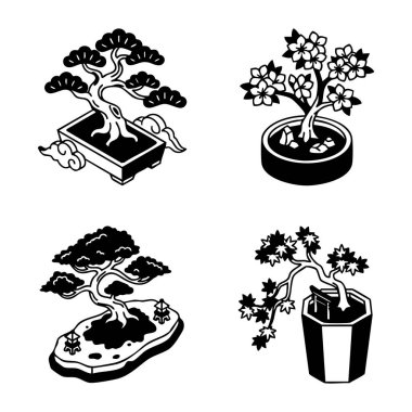 Japon bonsai ağacı resimleme simgesi seti