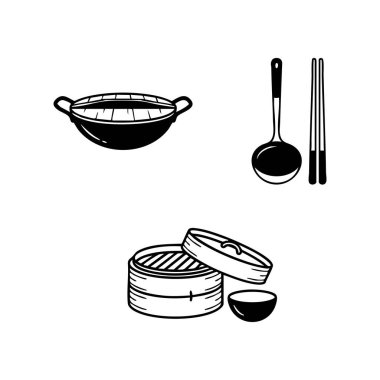Asya yemek ekipmanları simgesi seti