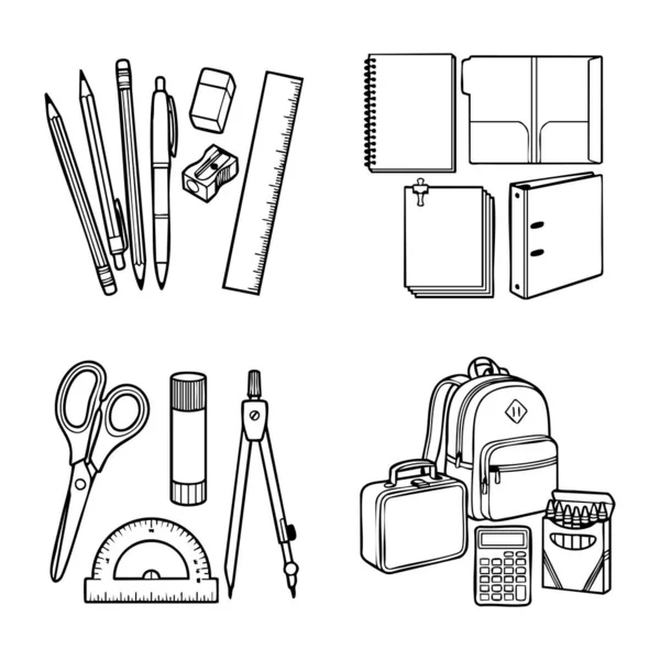 okul malzemeleri ana hatları vektör simgesi seti