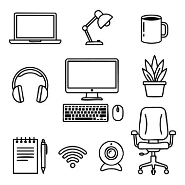work from home office line icon set
