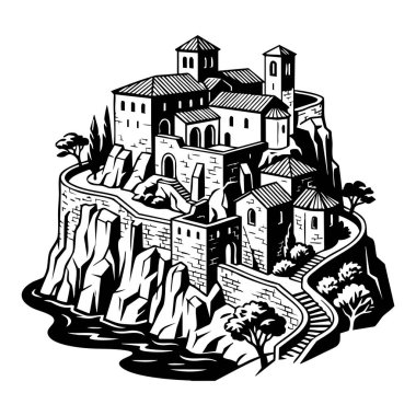 medieval hilltop town black and white illustration