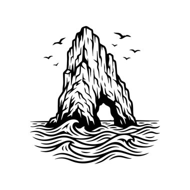 Dalgalar ve kuşlarla okyanus kayalığı