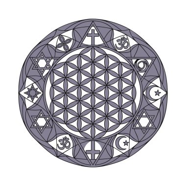 Dünya din sembolleri ile yaşamın çiçeği