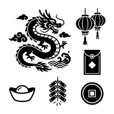 Çin Yeni Yıl Ejderha Kutlama ikonu seti