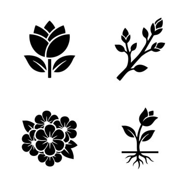 siyah çiçek ve bitki simgesi seti